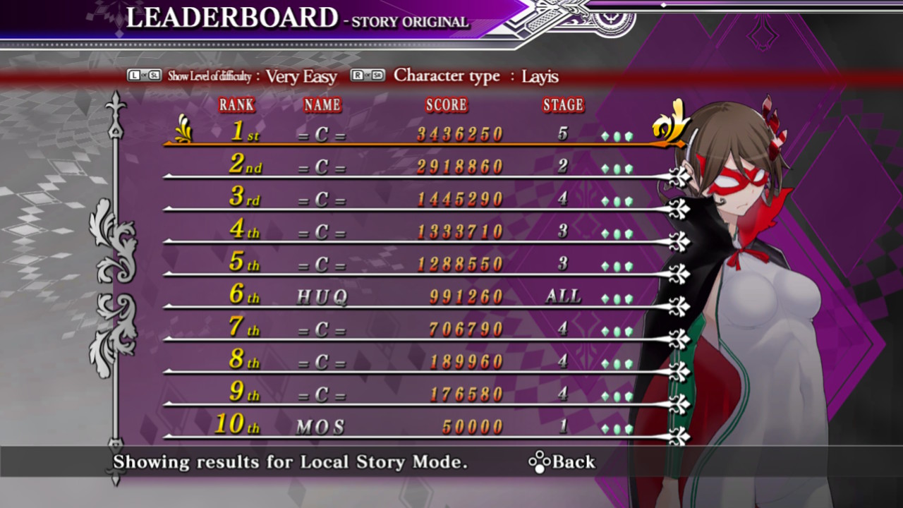 Screenshot: Caladrius Blaze local leaderboards of Story Original mode on Very Easy difficulty with character Layis showing HUQ at 6th place with a score of 991 260